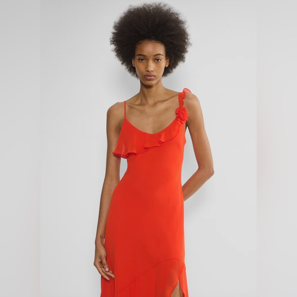 Aritzia Wilfred Engage Dress Red/Orange Rosette Ruffle Asymmetrical Slip Dress - Picture 4 of 13